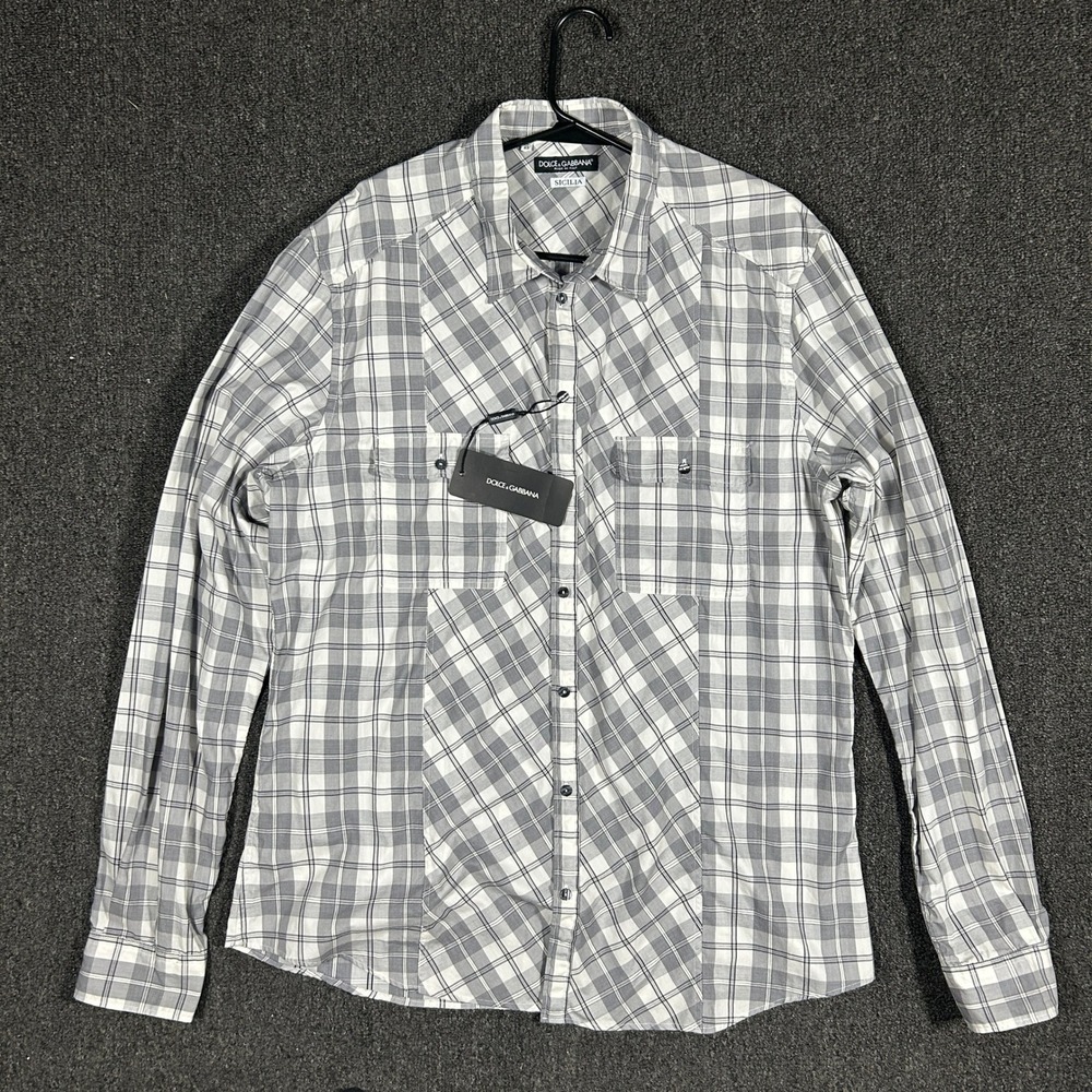 Dolce & Gabbana Shirt Mens 18 45 Grey White Plaid Sicilia NWT Italy G5AA8T